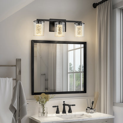 18 in. Modern 3-Light Black Crystal LED Vanity Light with Clear Glass Shades, Dimmable Lighting