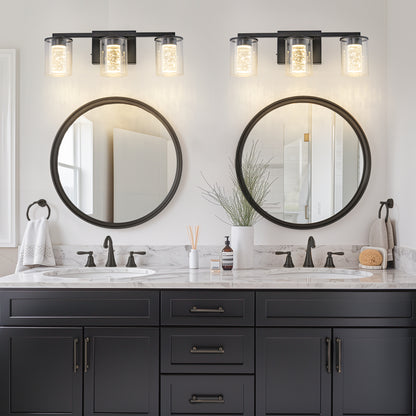18 in. Modern 3-Light Black Crystal LED Vanity Light with Clear Glass Shades, Dimmable Lighting