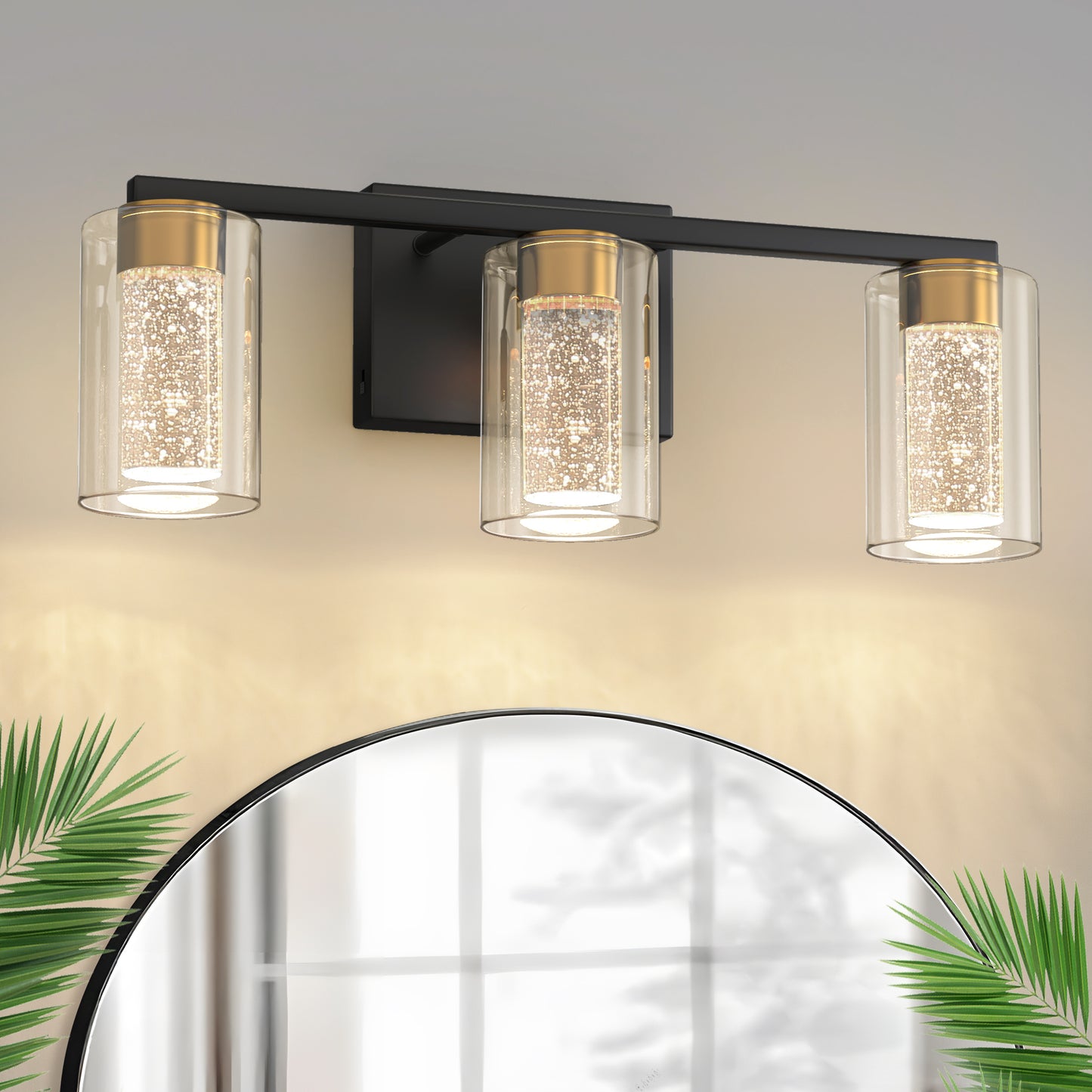 YANSUN 18 in. 3 Light Black and Gold LED Vanity Light Bar with Glass Shades and 3CCT Dimmable Function