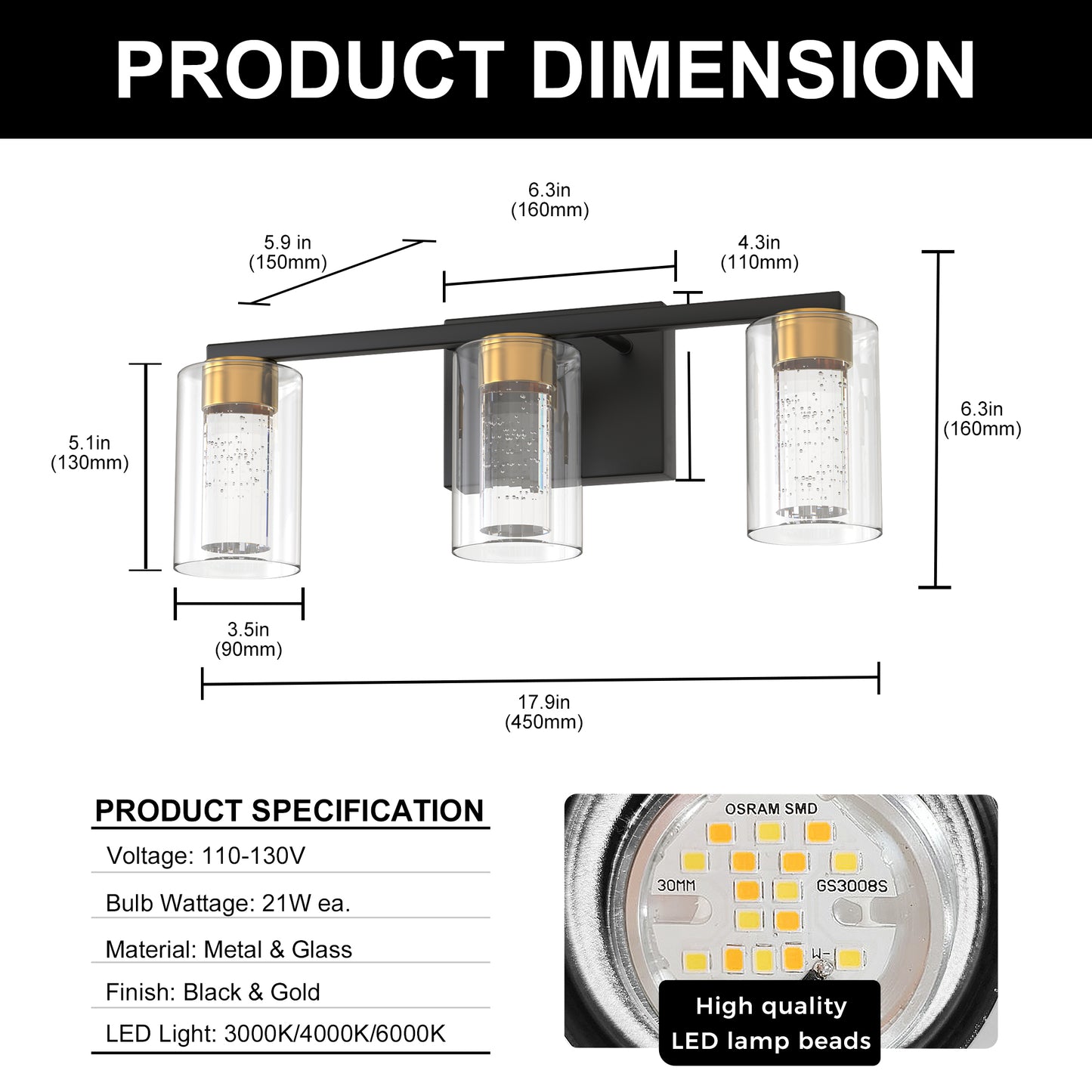 YANSUN 18 in. 3 Light Black and Gold LED Vanity Light Bar with Glass Shades and 3CCT Dimmable Function
