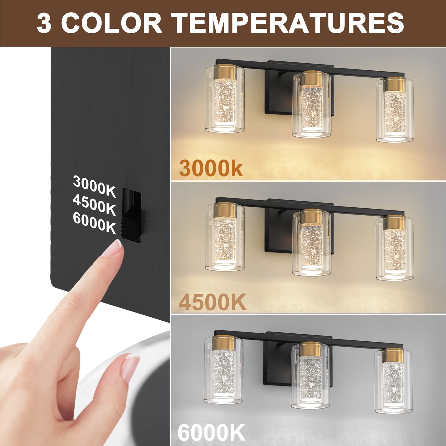 YANSUN 18 in. 3 Light Black and Gold LED Vanity Light Bar with Glass Shades and 3CCT Dimmable Function