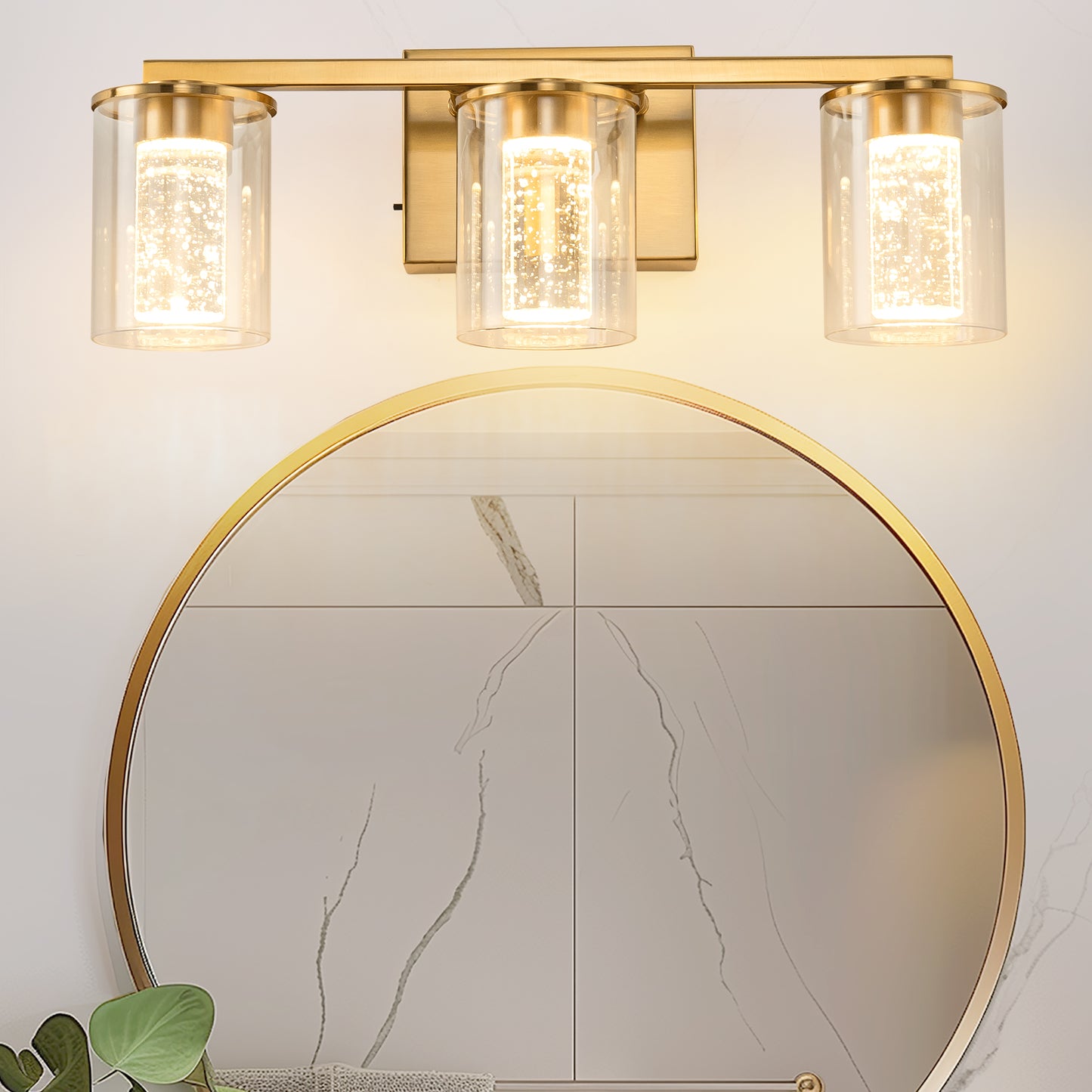 YANSUN 18 in. 3-Light Gold Crystal LED Vanity Light for Bathroom with Dimmable Color Modes