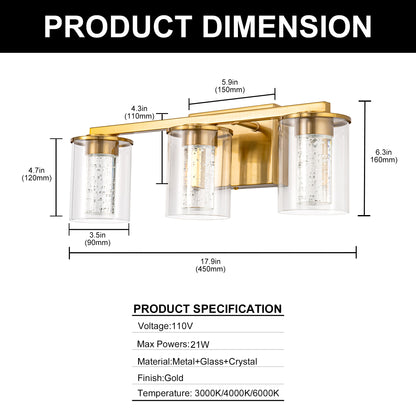 YANSUN 18 in. 3-Light Gold Crystal LED Vanity Light for Bathroom with Dimmable Color Modes