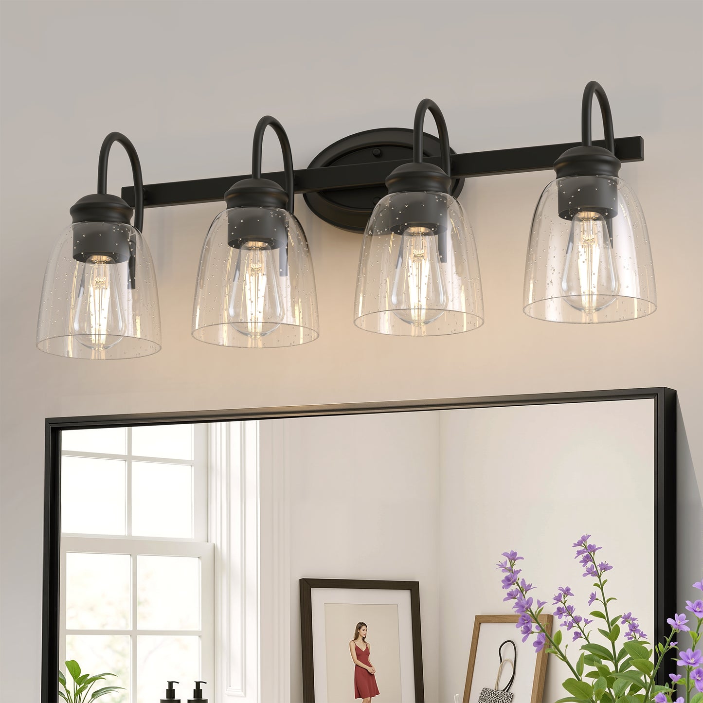 YANSUN 25.2 in KD 4-Light Vanity Light with Teardrop Glass Shades and Matte Black Powder-Coated Finish, E26 Bulbs Not Included