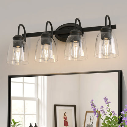 YANSUN 25.2 in KD 4-Light Vanity Light with Teardrop Glass Shades and Matte Black Powder-Coated Finish, E26 Bulbs Not Included