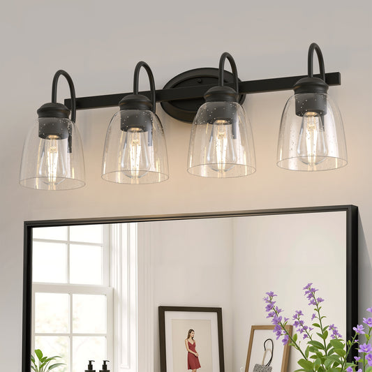 YANSUN 25.2 in KD 4-Light Vanity Light with Teardrop Glass Shades and Matte Black Powder-Coated Finish, E26 Bulbs Not Included