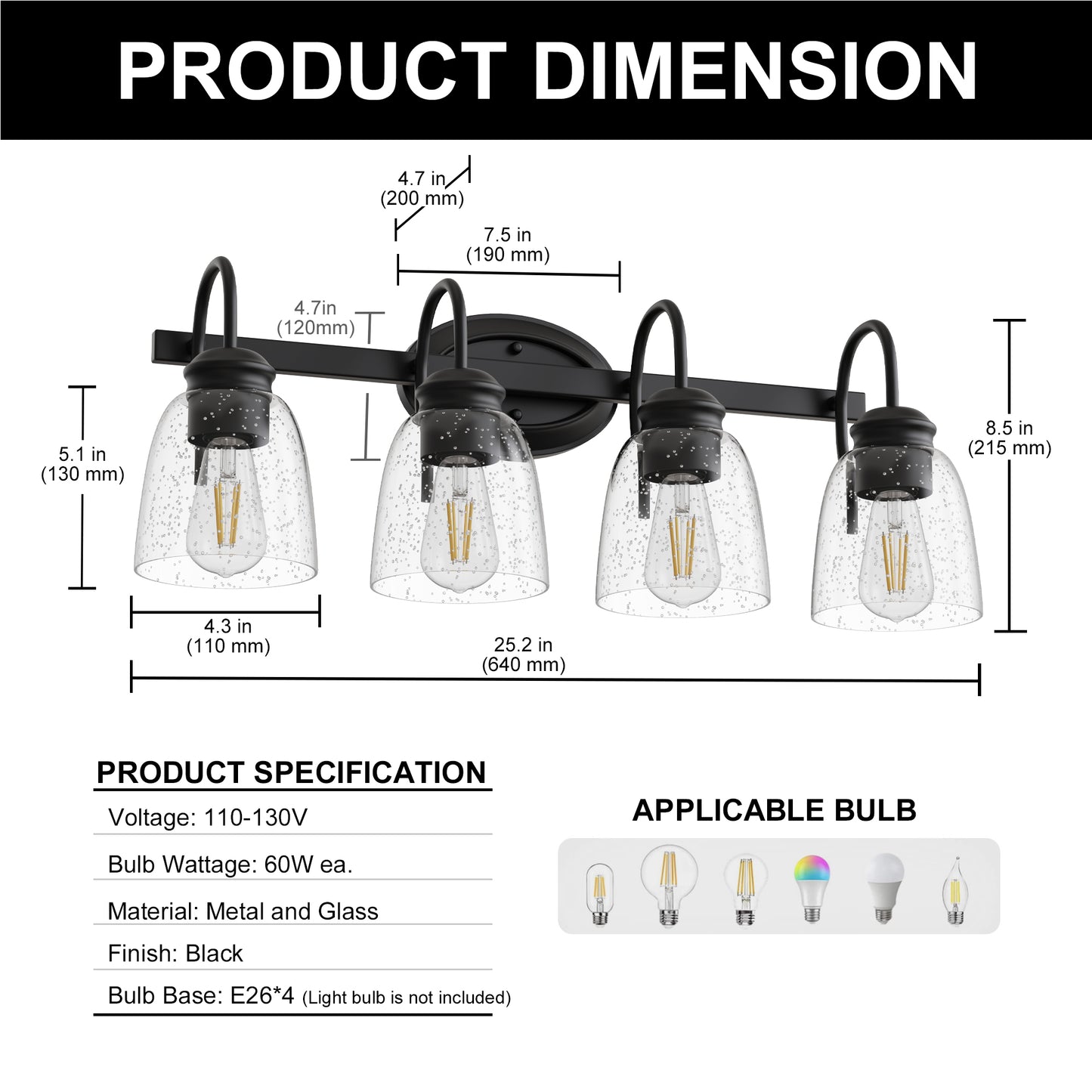 YANSUN 25.2 in KD 4-Light Vanity Light with Teardrop Glass Shades and Matte Black Powder-Coated Finish, E26 Bulbs Not Included