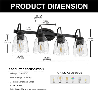 YANSUN 25.2 in KD 4-Light Vanity Light with Teardrop Glass Shades and Matte Black Powder-Coated Finish, E26 Bulbs Not Included