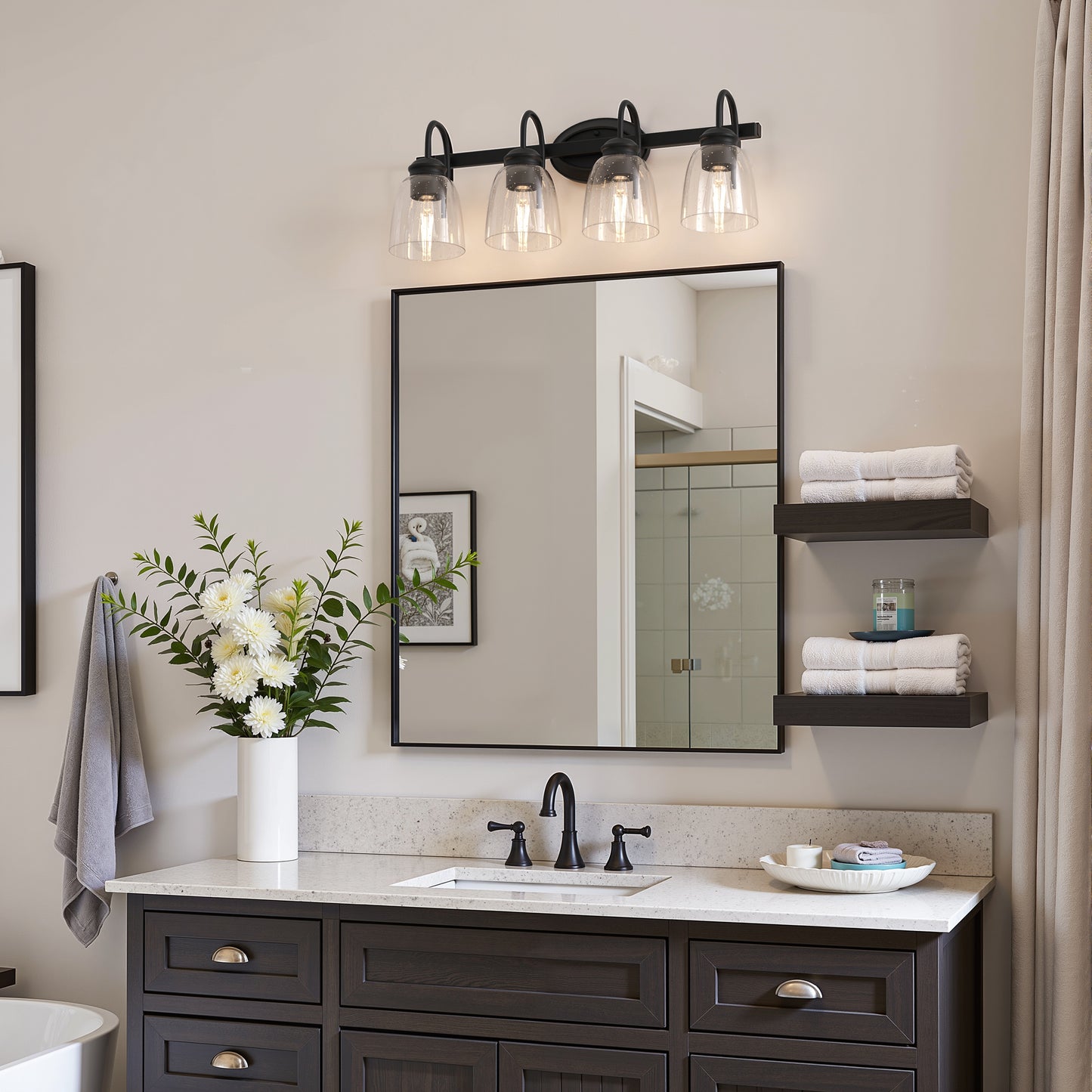 YANSUN 25.2 in KD 4-Light Vanity Light with Teardrop Glass Shades and Matte Black Powder-Coated Finish, E26 Bulbs Not Included