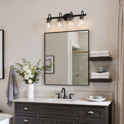YANSUN 25.2 in KD 4-Light Vanity Light with Teardrop Glass Shades and Matte Black Powder-Coated Finish, E26 Bulbs Not Included