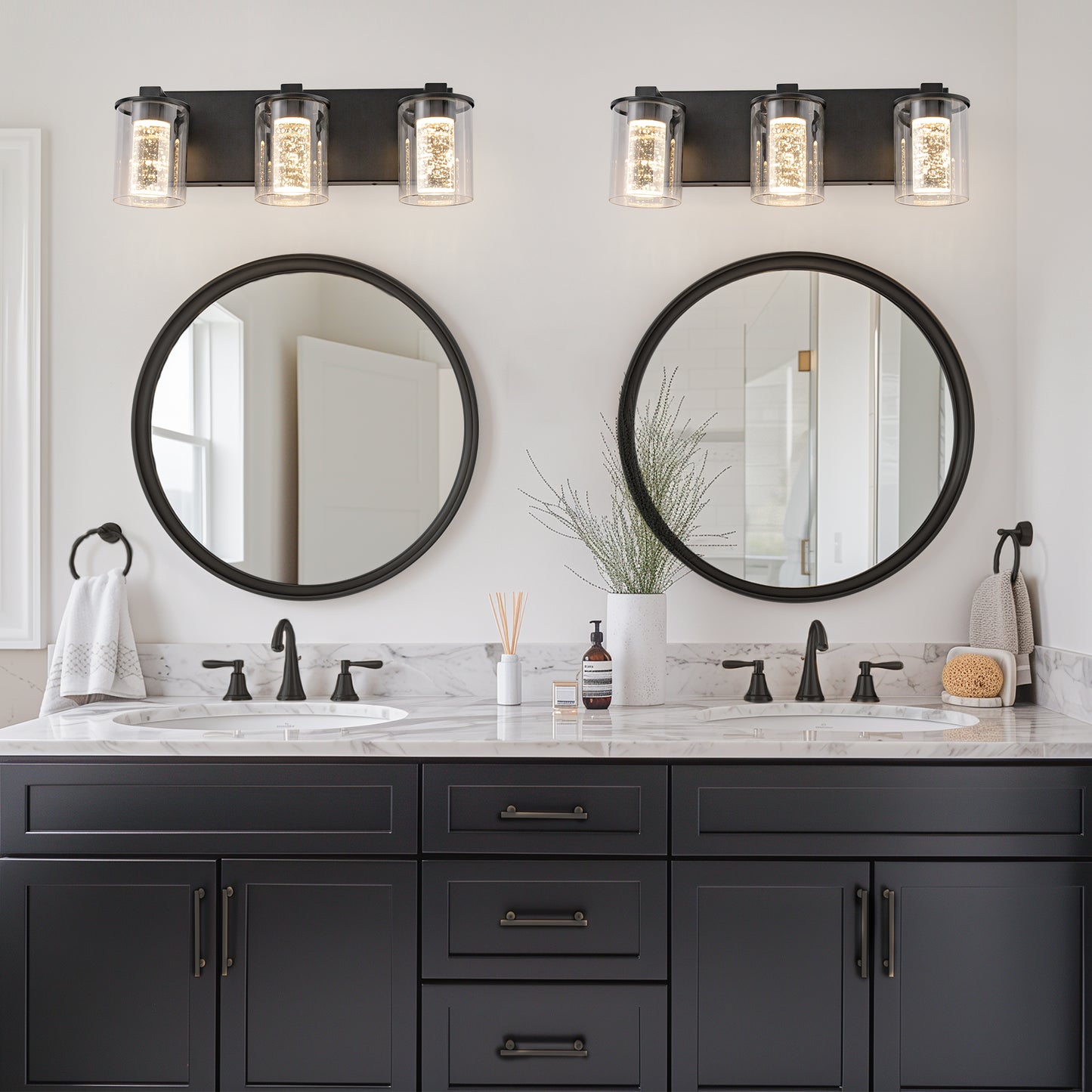 YANSUN 17 in. 3-Light LED for Vanities Black Vanity Light with Crystal Accents Dimmable