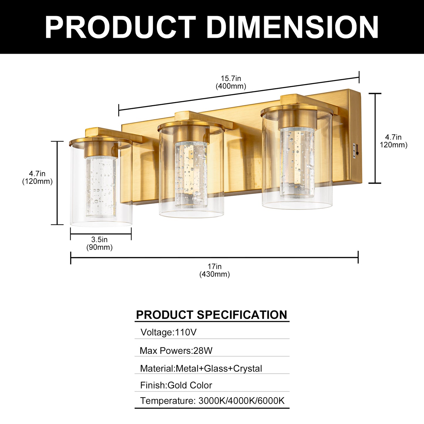 YANSUN 17 in. Modern 3-Light Gold Crystal Integrated LED Vanity Light for Bathroom, Dimmable with Adjustable White