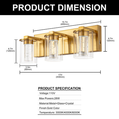YANSUN 17 in. Modern 3-Light Gold Crystal Integrated LED Vanity Light for Bathroom, Dimmable with Adjustable White