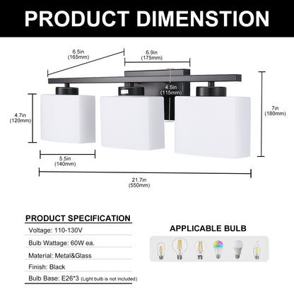 22 in. 3 Light Matte Black Modern Square Vanity Light for Bathroom, Bedroom, Living Roomwith Milk White Shades