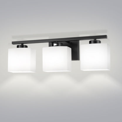 22 in. 3 Light Matte Black Modern Square Vanity Light for Bathroom, Bedroom, Living Roomwith Milk White Shades