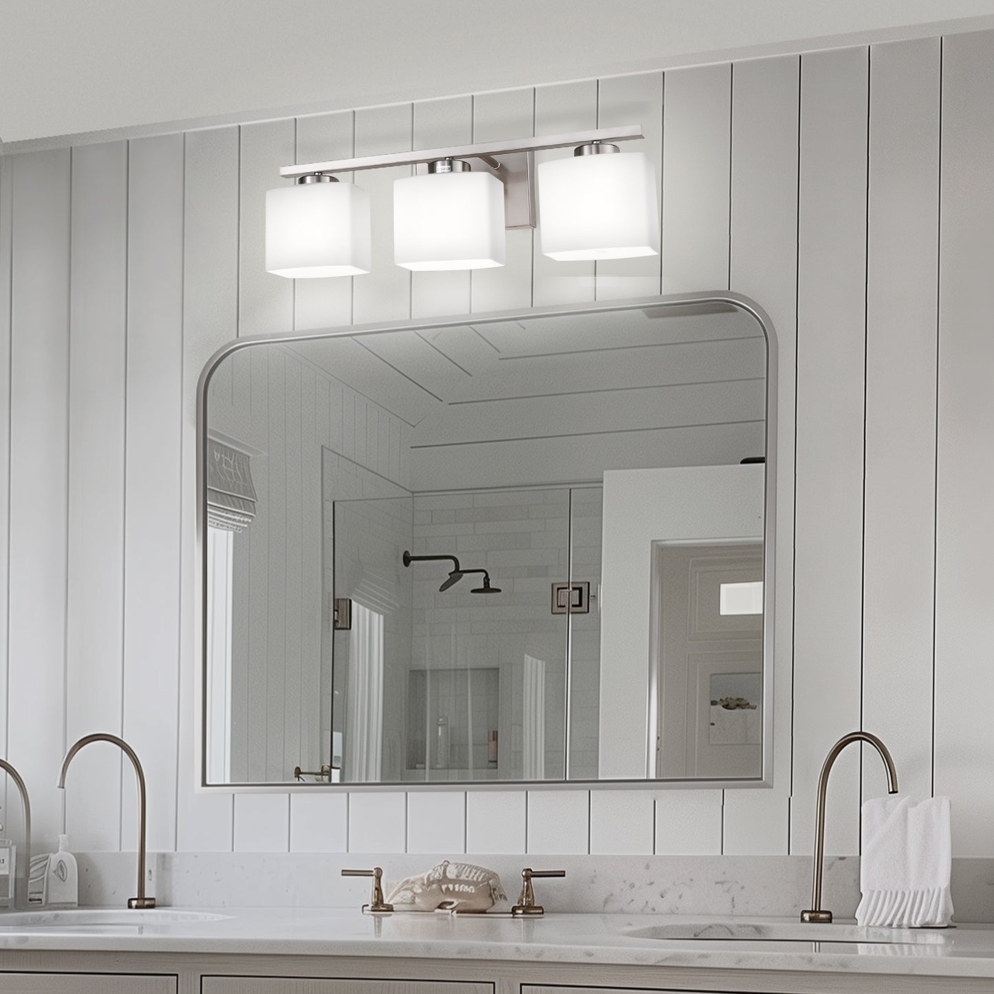 22 in. 3 Light Nickel Modern Square Vanity Light for Bathroom, Bedroom, Hallway with Milk White Glass Shades