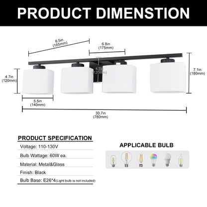 31 in. 4 Light Matte Black Modern Square Vanity Light for Bathroom, Bedroom, Hallway with Milk White Glass Shades