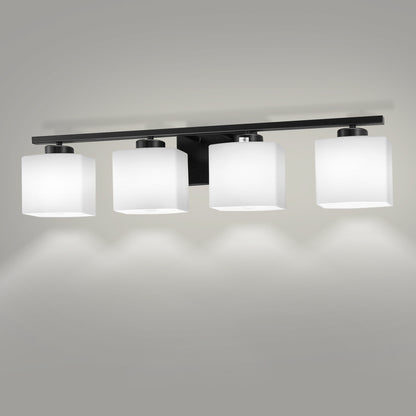 31 in. 4 Light Matte Black Modern Square Vanity Light for Bathroom, Bedroom, Hallway with Milk White Glass Shades