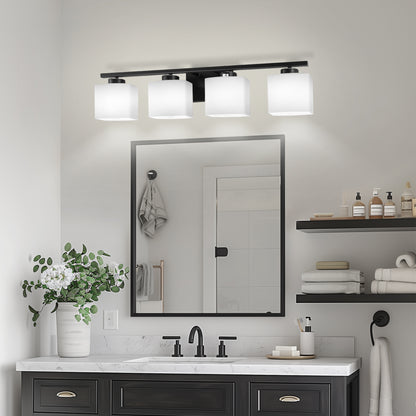 31 in. 4 Light Matte Black Modern Square Vanity Light for Bathroom, Bedroom, Hallway with Milk White Glass Shades