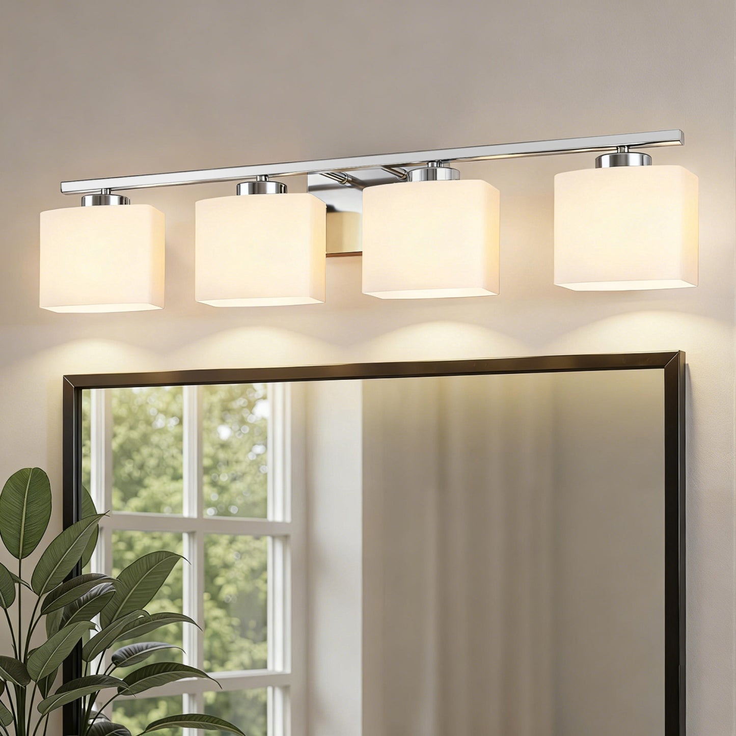 YANSUN 4-Light Vanity Bathroom Mirror Light, Rectangular Opal Glass Shades in Chrome Finish (5.5"x4.7")