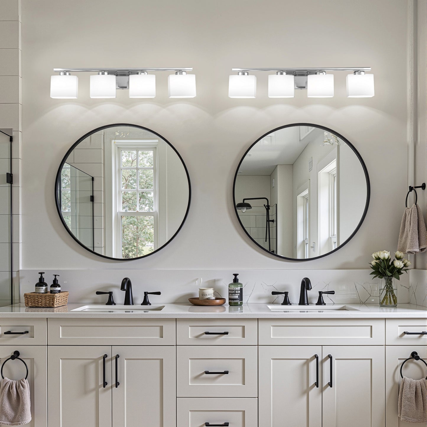 YANSUN 4-Light Vanity Bathroom Mirror Light, Rectangular Opal Glass Shades in Chrome Finish (5.5"x4.7")