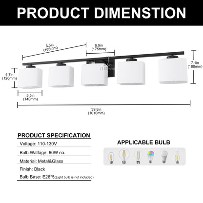 40 in. 5 Light Matte Black Modern Square Vanity Light with Milk White Glass Shades for Large Mirror in Bathroom
