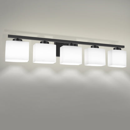 40 in. 5 Light Matte Black Modern Square Vanity Light with Milk White Glass Shades for Large Mirror in Bathroom