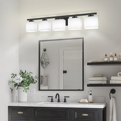 40 in. 5 Light Matte Black Modern Square Vanity Light with Milk White Glass Shades for Large Mirror in Bathroom