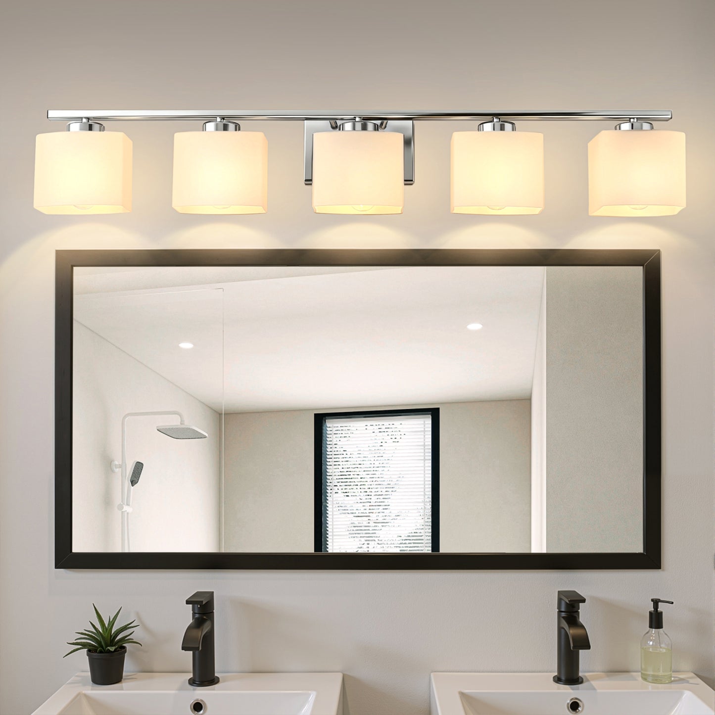 YANSUN 5-Light Bathroom Vanity Mirror Light, Rectangular Opal Glass Shades in Chrome Finish (5.5"x4.7")