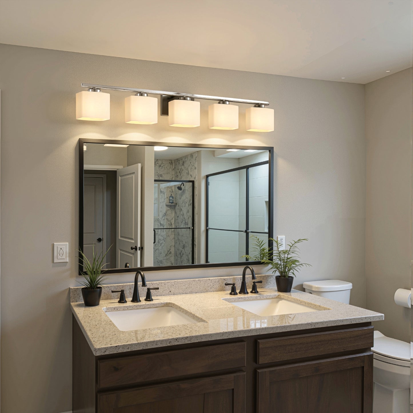 YANSUN 5-Light Bathroom Vanity Mirror Light, Rectangular Opal Glass Shades in Chrome Finish (5.5"x4.7")