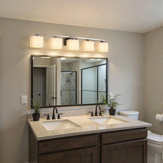 YANSUN 5-Light Bathroom Vanity Mirror Light, Rectangular Opal Glass Shades in Chrome Finish (5.5"x4.7")
