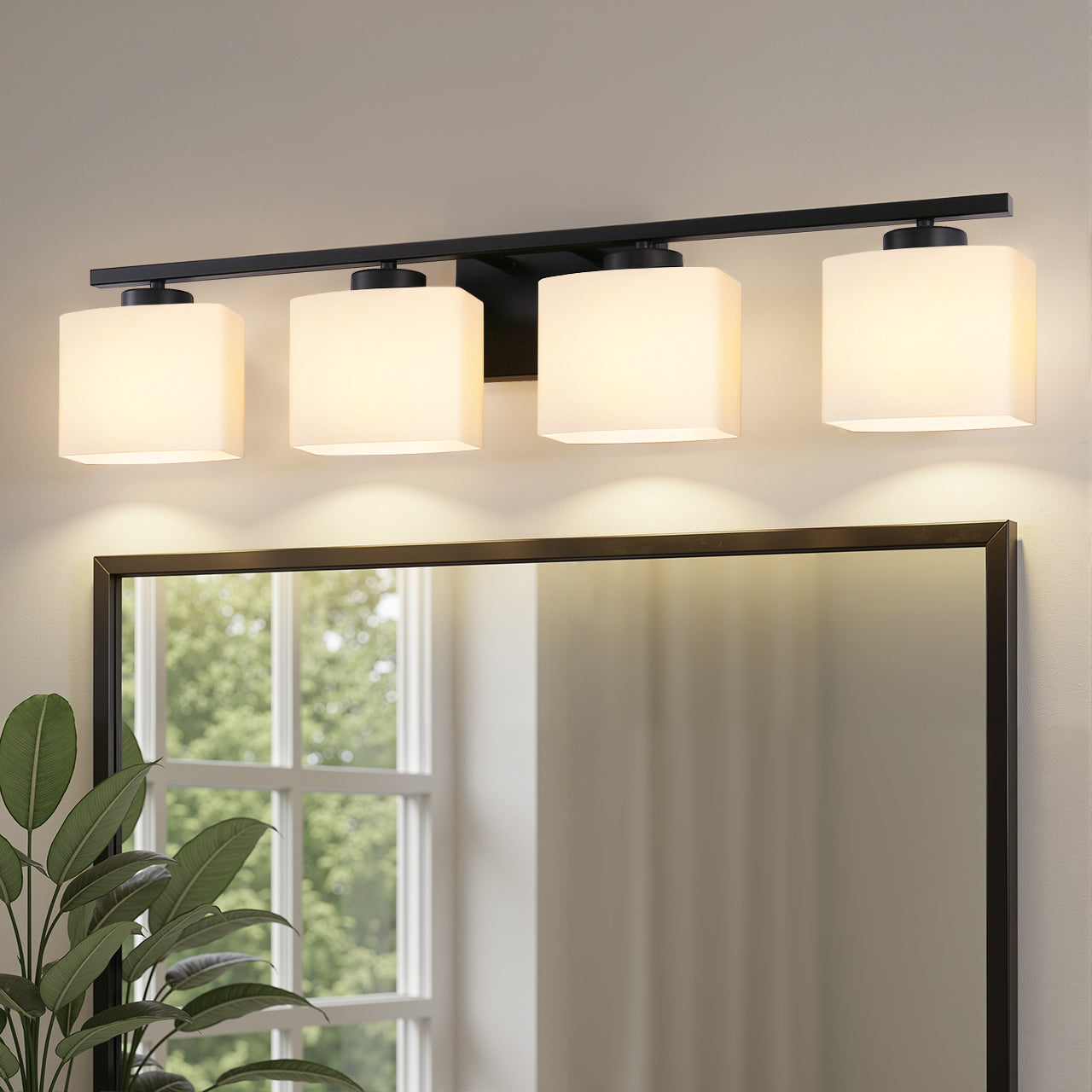 YANSUN 30.7 in KD 4-Light Vanity Light with Square Glass Shades and Matte Black Finish, E26 Bulbs Not Included