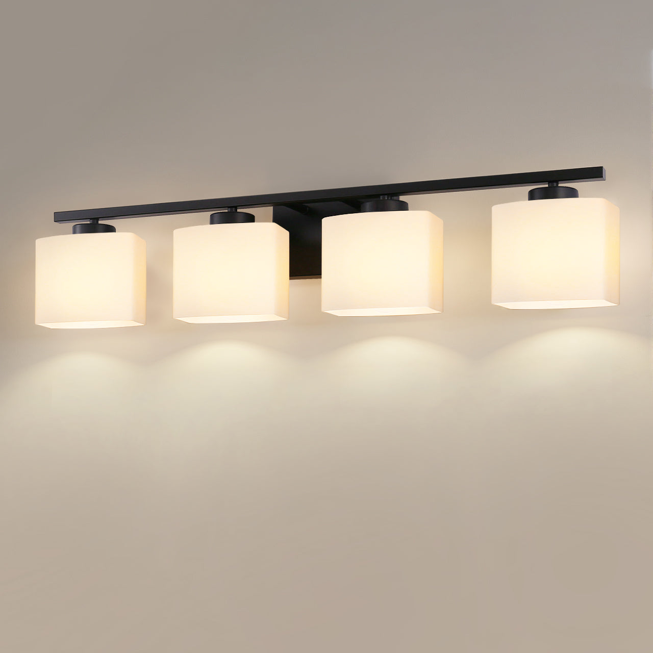 YANSUN 30.7 in KD 4-Light Vanity Light with Square Glass Shades and Matte Black Finish, E26 Bulbs Not Included
