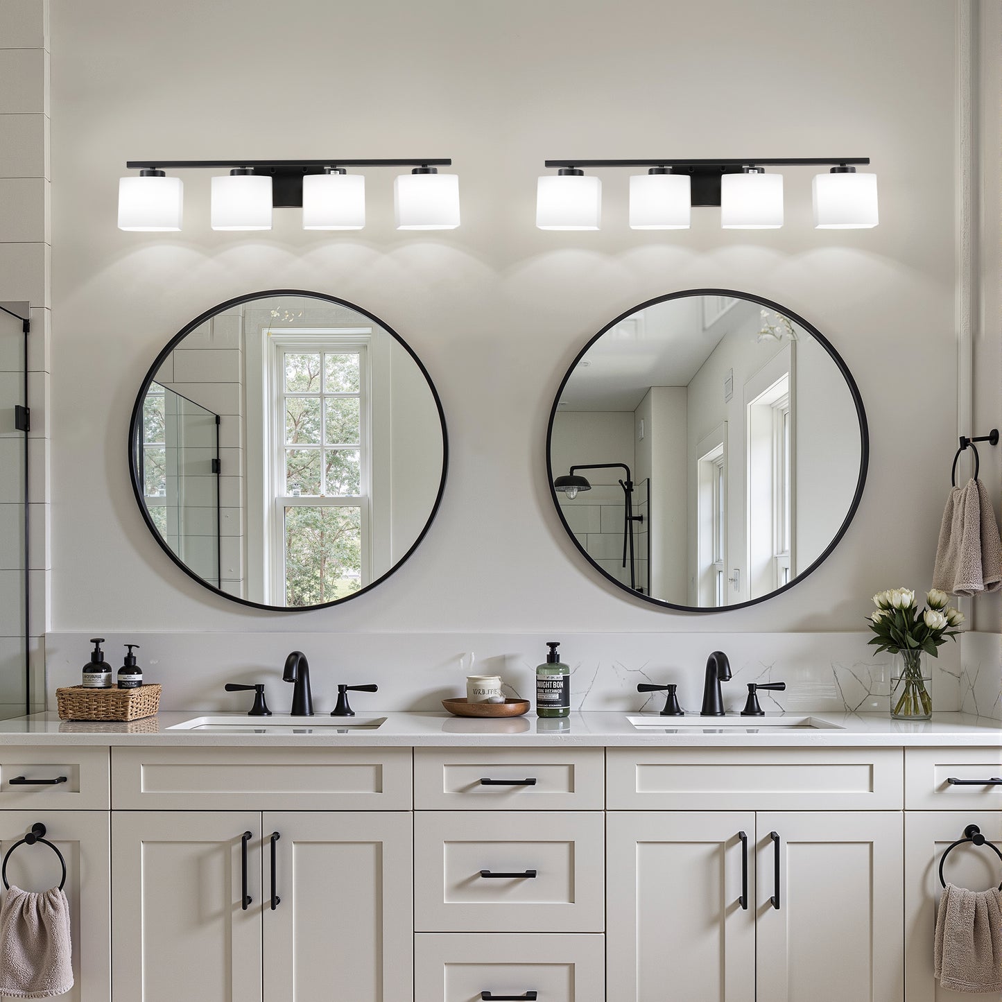 YANSUN 30.7 in KD 4-Light Vanity Light with Square Glass Shades and Matte Black Finish, E26 Bulbs Not Included