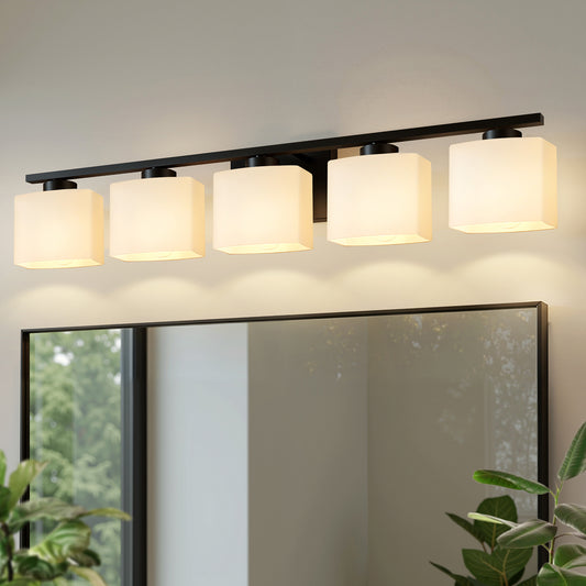 YANSUN 40 in. 5-Light Black Modern Vanity Lights with White Rectangular Glass Shade for Bathroom Mirror or Dressing