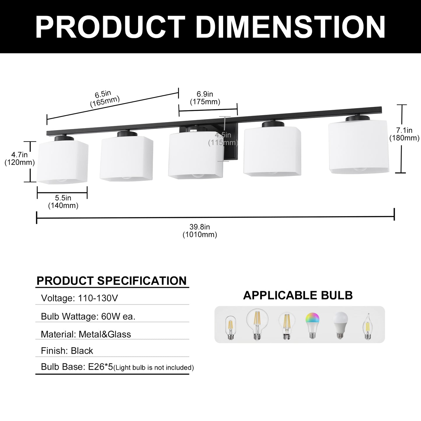 YANSUN 40 in. 5-Light Black Modern Vanity Lights with White Rectangular Glass Shade for Bathroom Mirror or Dressing