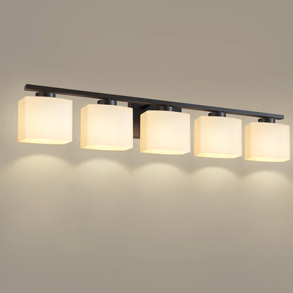 YANSUN 40 in. 5-Light Black Modern Vanity Lights with White Rectangular Glass Shade for Bathroom Mirror or Dressing