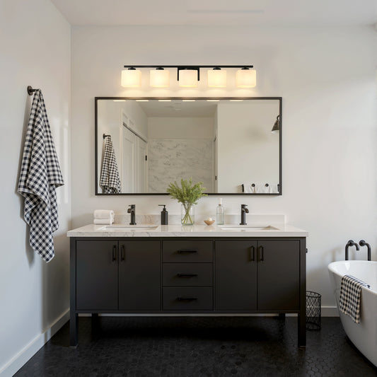 YANSUN 40 in. 5-Light Black Modern Vanity Lights with White Rectangular Glass Shade for Bathroom Mirror or Dressing
