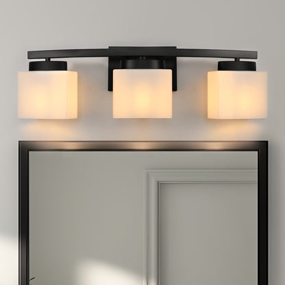 24 in. 3 Light Matte Black Modern Industrial Square Vanity Light for Bathroom with Curved Arms and Milk White Shades
