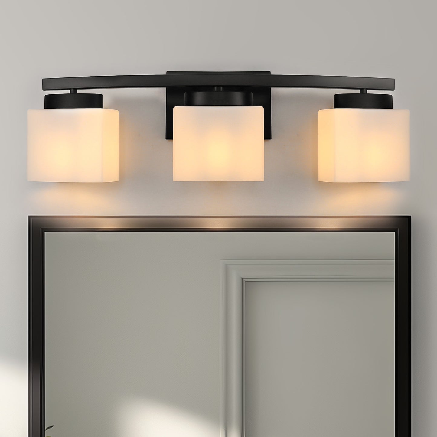 YANSUN 24 in. 3-Light Matte Black Curved Vanity Light, E26 Bulb Base, White Glass Shades, Non-Integrated LED, Wall-Mount Bathroom Fixture