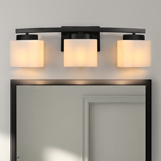 YANSUN 24 in. 3-Light Matte Black Curved Vanity Light, E26 Bulb Base, White Glass Shades, Non-Integrated LED, Wall-Mount Bathroom Fixture
