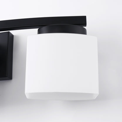 24 in. 3 Light Matte Black Modern Industrial Square Vanity Light for Bathroom with Curved Arms and Milk White Shades