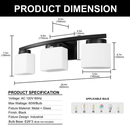 YANSUN 24 in. 3-Light Matte Black Curved Vanity Light, E26 Bulb Base, White Glass Shades, Non-Integrated LED, Wall-Mount Bathroom Fixture