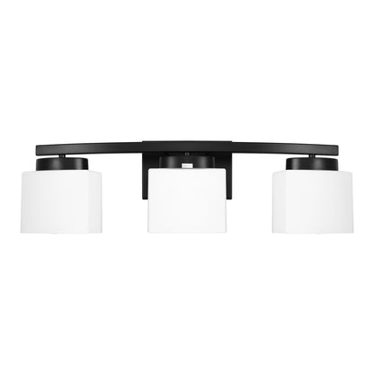 24 in. 3 Light Matte Black Modern Industrial Square Vanity Light for Bathroom with Curved Arms and Milk White Shades
