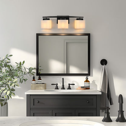 24 in. 3 Light Matte Black Modern Industrial Square Vanity Light for Bathroom with Curved Arms and Milk White Shades