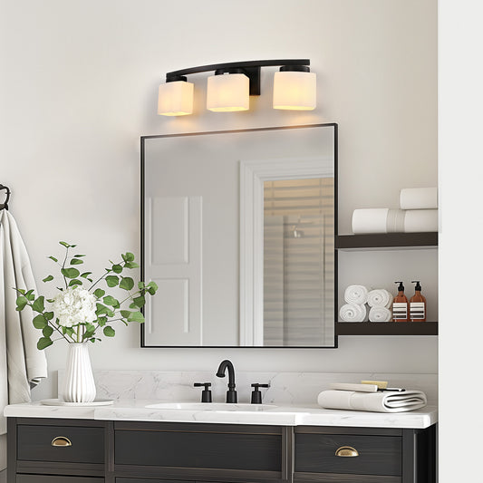 YANSUN 24 in. 3-Light Matte Black Curved Vanity Light, E26 Bulb Base, White Glass Shades, Non-Integrated LED, Wall-Mount Bathroom Fixture