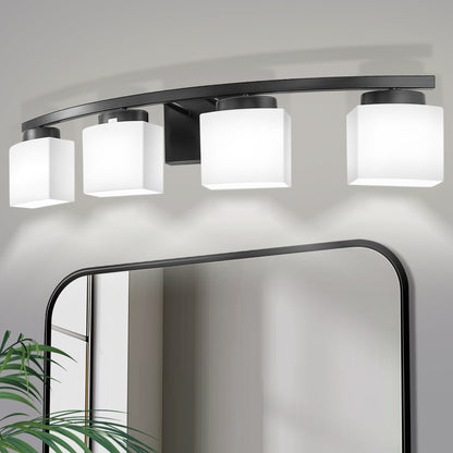 YANSUN 33.5 In. 4-Light Black Modern Square Vanity Light with Curved Arms and Milk White Glass Shades for Bathroom or Bedroom