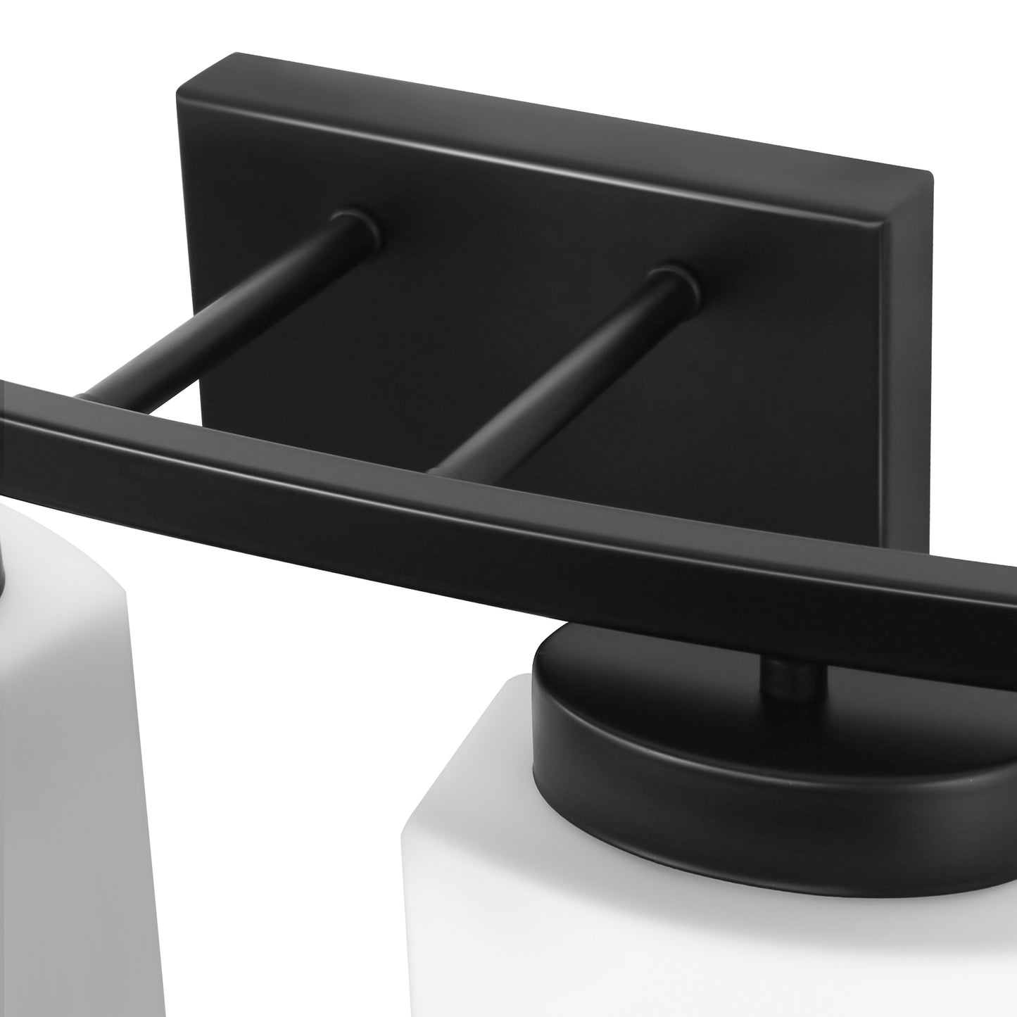 YANSUN 33.5 In. 4-Light Black Modern Square Vanity Light with Curved Arms and Milk White Glass Shades for Bathroom or Bedroom