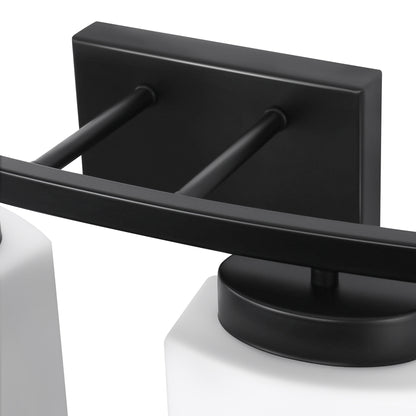 YANSUN 33.5 In. 4-Light Black Modern Square Vanity Light with Curved Arms and Milk White Glass Shades for Bathroom or Bedroom