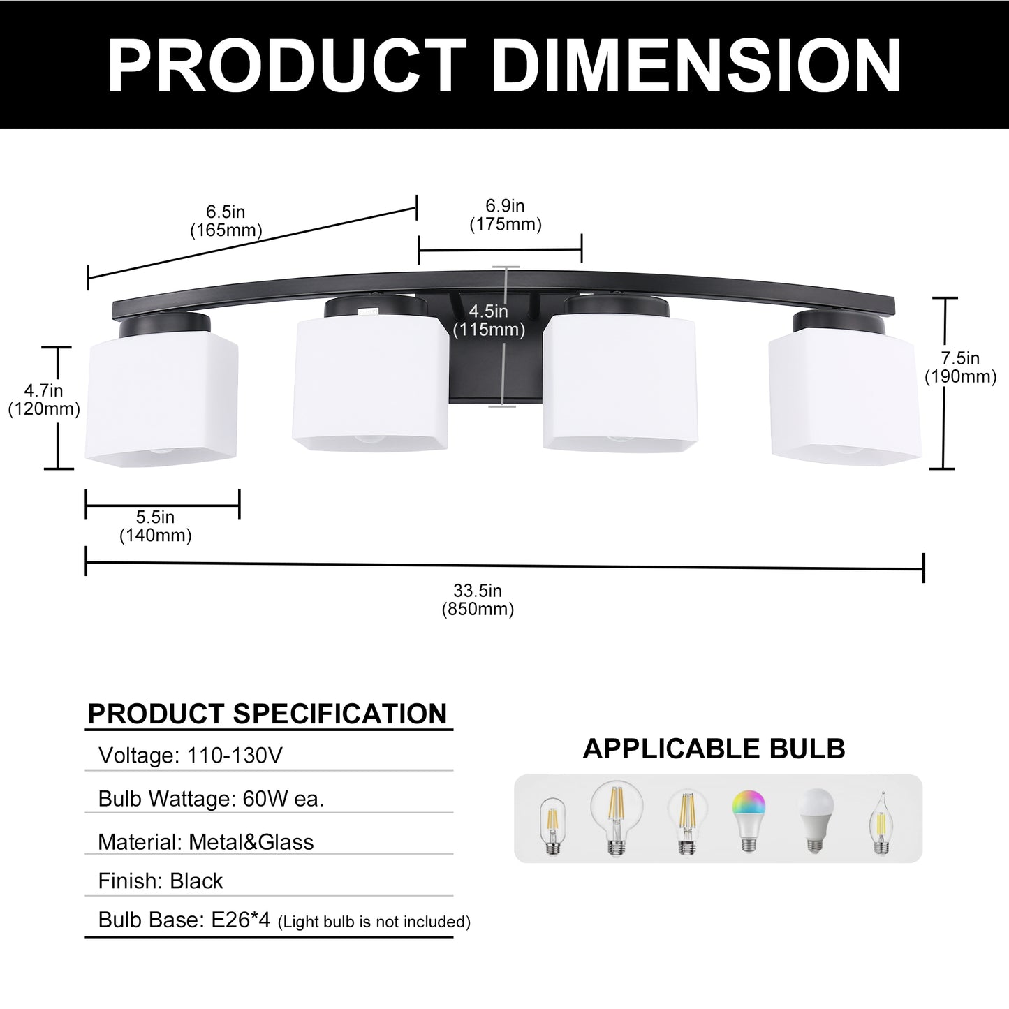 YANSUN 33.5 In. 4-Light Black Modern Square Vanity Light with Curved Arms and Milk White Glass Shades for Bathroom or Bedroom
